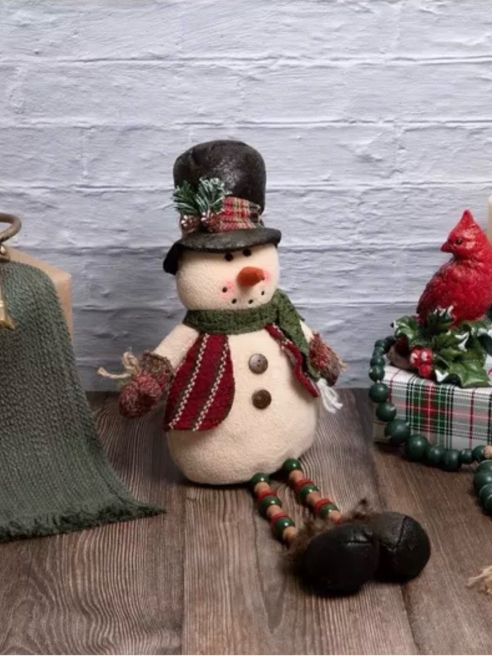 Snowman Shelf Sitter Holiday Snowman Plush Figurine with Green Scarf and Top Hat